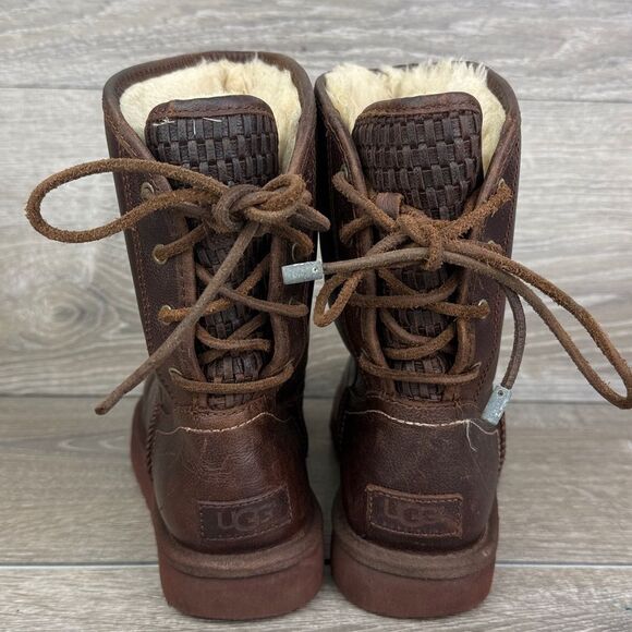 Ugg Mariana Women’s Sz 7 Dark Brown Leather Shearling Rear Lace Winter Boots - Picture 4 of 11